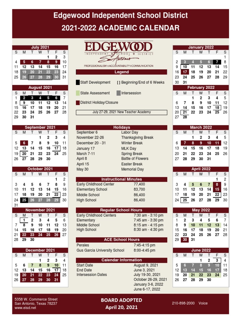 EISD Academic Calendar 20212022 PDF Educational Institutions Schools