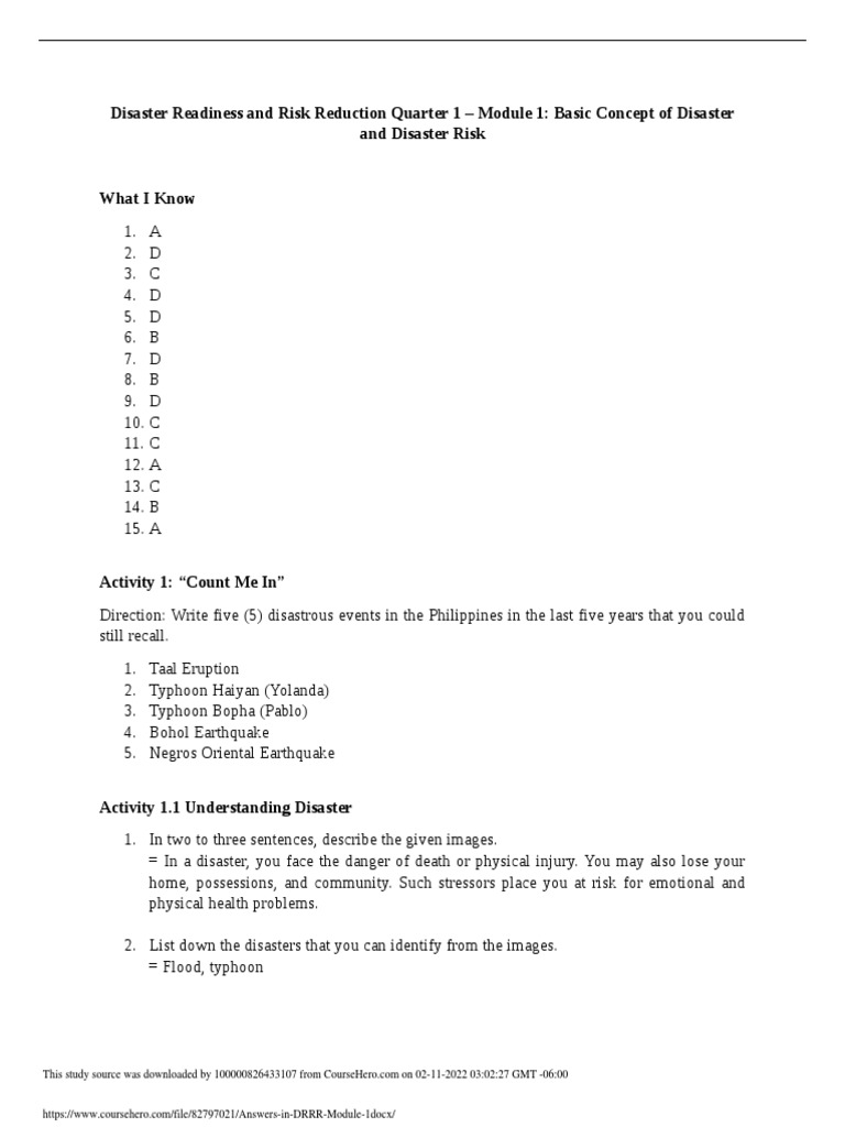Answers In Drrr Module 1 Pdf Natural Disasters Flood