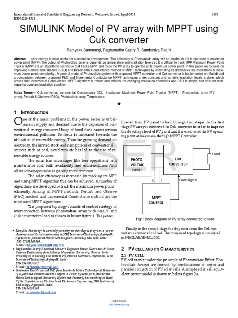 SIMULINK Model of PV Array With MPPT Using Cuk Converter | PDF ...