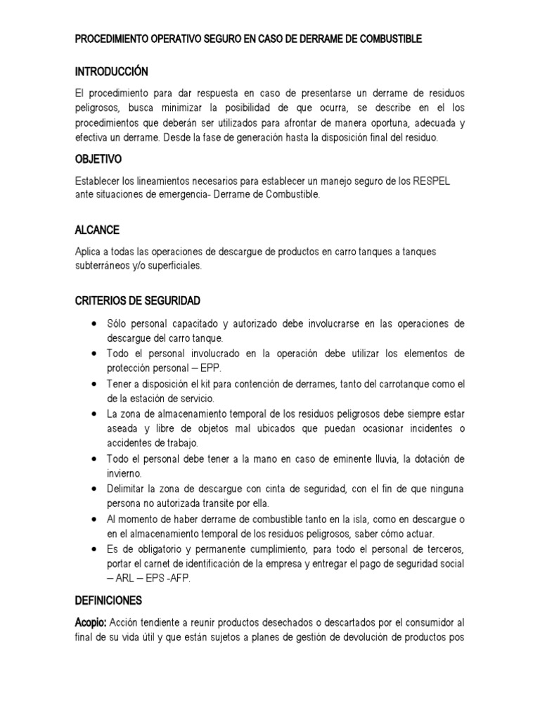 Procedimiento A Seguir en Caso de Derrame | PDF | Residuos | Contaminación