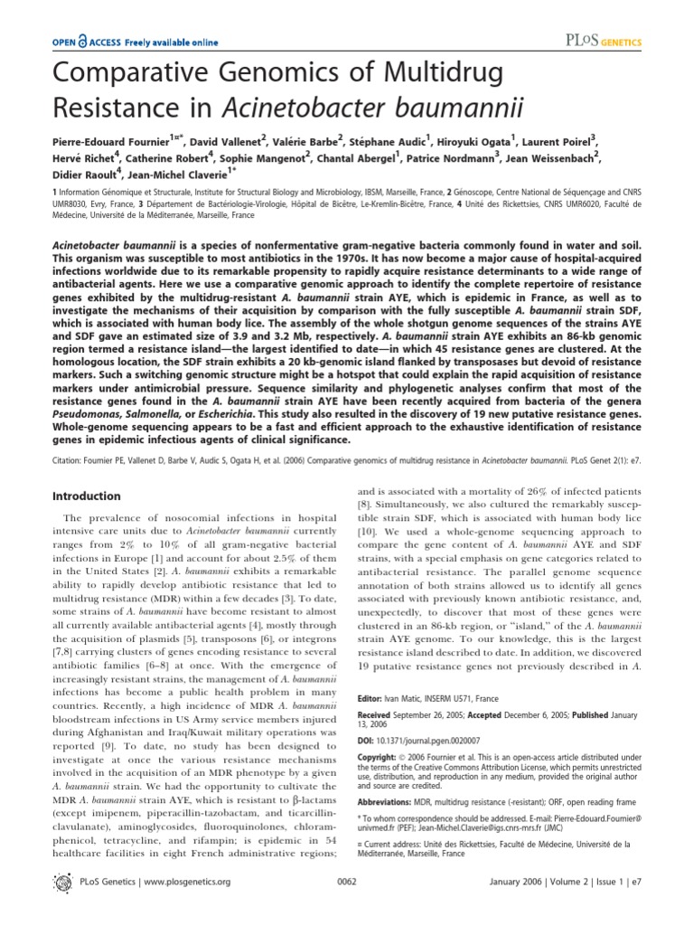 Comparative Genomics of Multidrug Resistance in Acinetobacter Baumannii ...