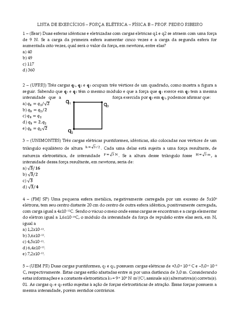 Exercícios Resolvidos de Força Elétrica | PDF | Carga elétrica ...