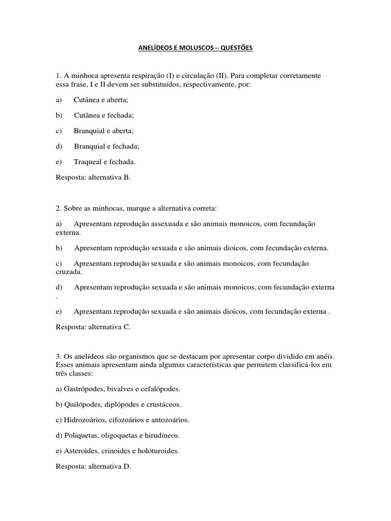 Questões sobre Anelídeos e Moluscos | PDF