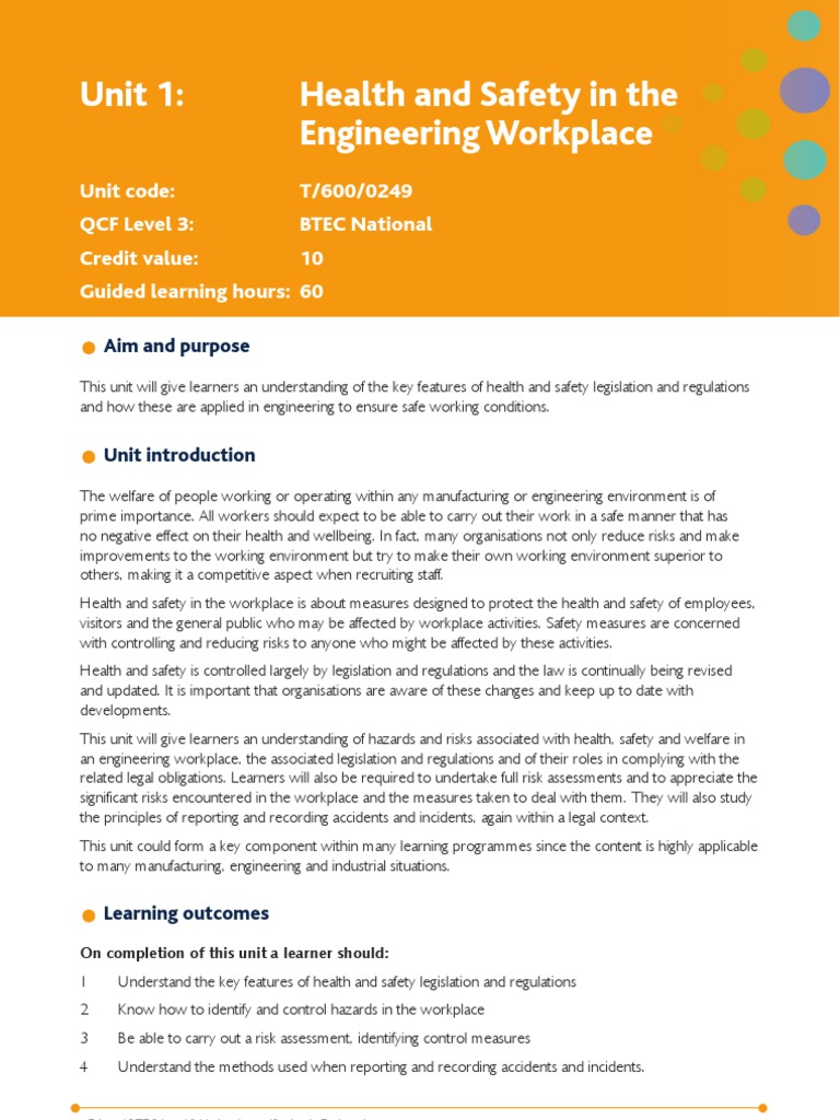 Unit 1 Health and Safety in The Engineering Workplace Occupational