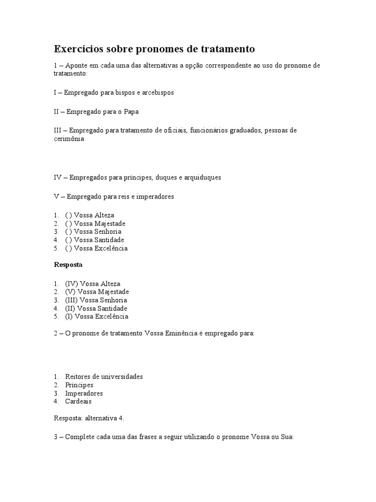 Exercícios sobre Pronomes de Tratamento | PDF