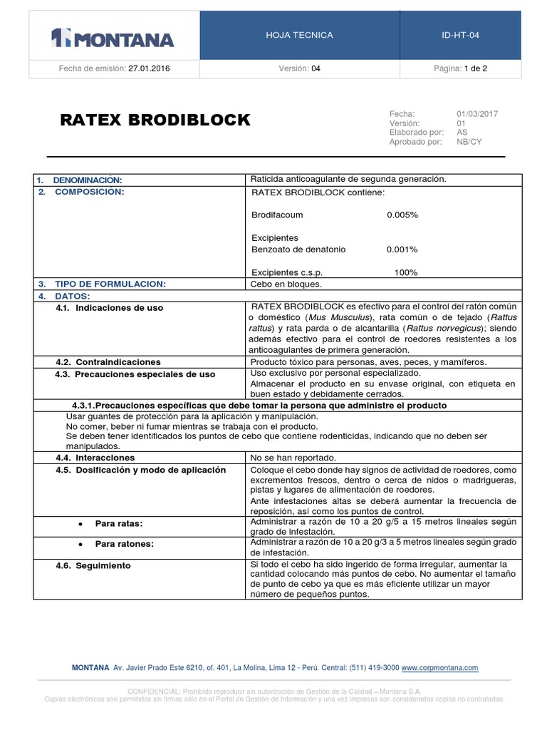 Ficha Técnica de Raticida Ratex Brodiblock | PDF | Residuos