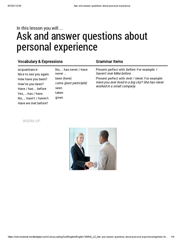 Ask and Answer Questions About Personal Experience | PDF | Human ...