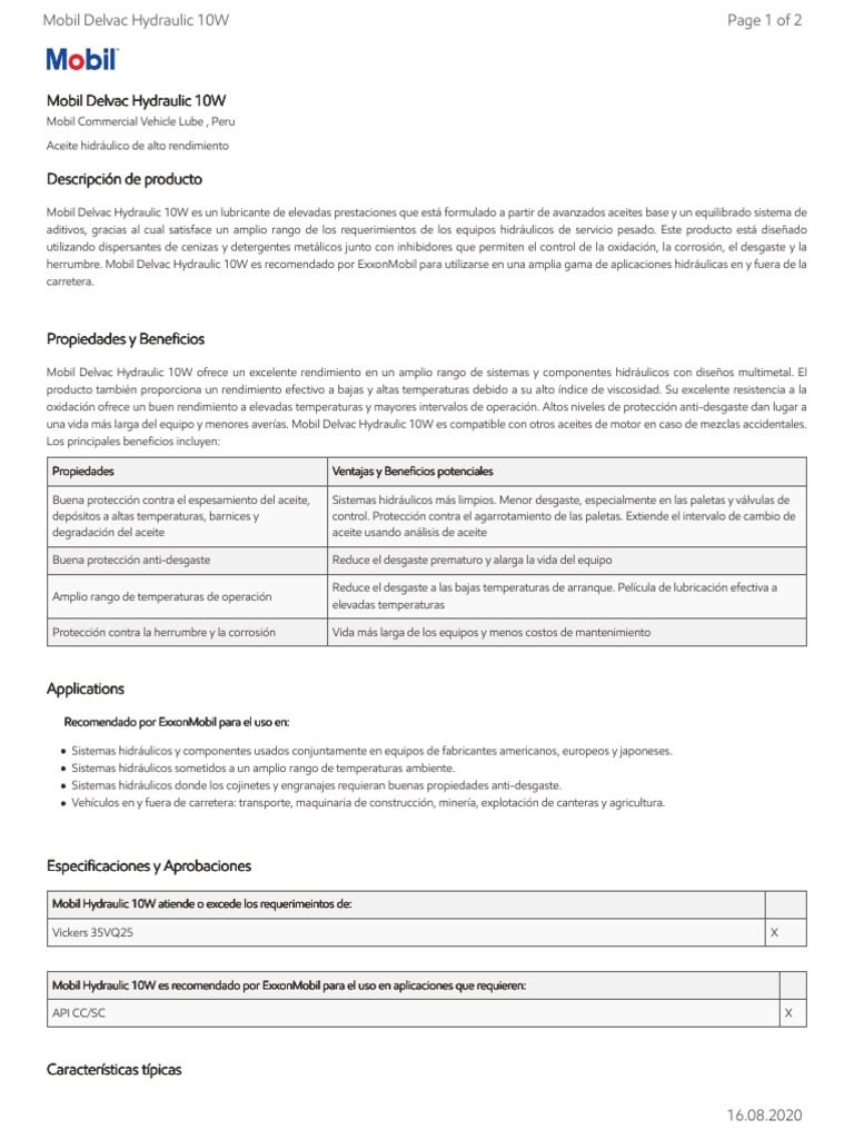 Mobil Hydraulic 10W | PDF | Lubricante | Sustancias químicas