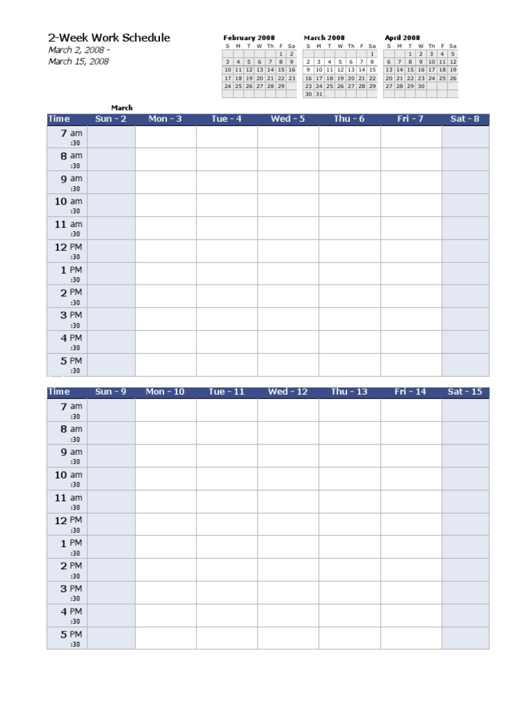 2-Week Work Schedule: Time Sun - 2 Mon - 3 Tue - 4 Wed - 5 Thu - 6 Fri ...