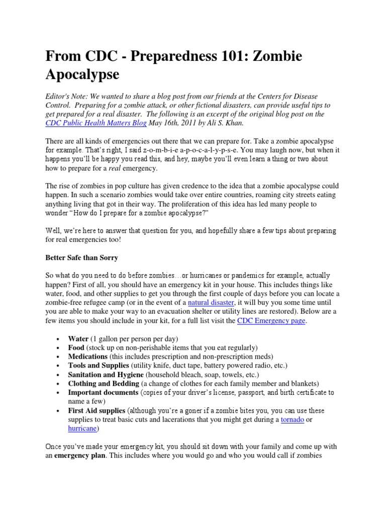 CDC Zombie Apocalypse Preparedness Guide | PDF | Centers For Disease  Control And Prevention