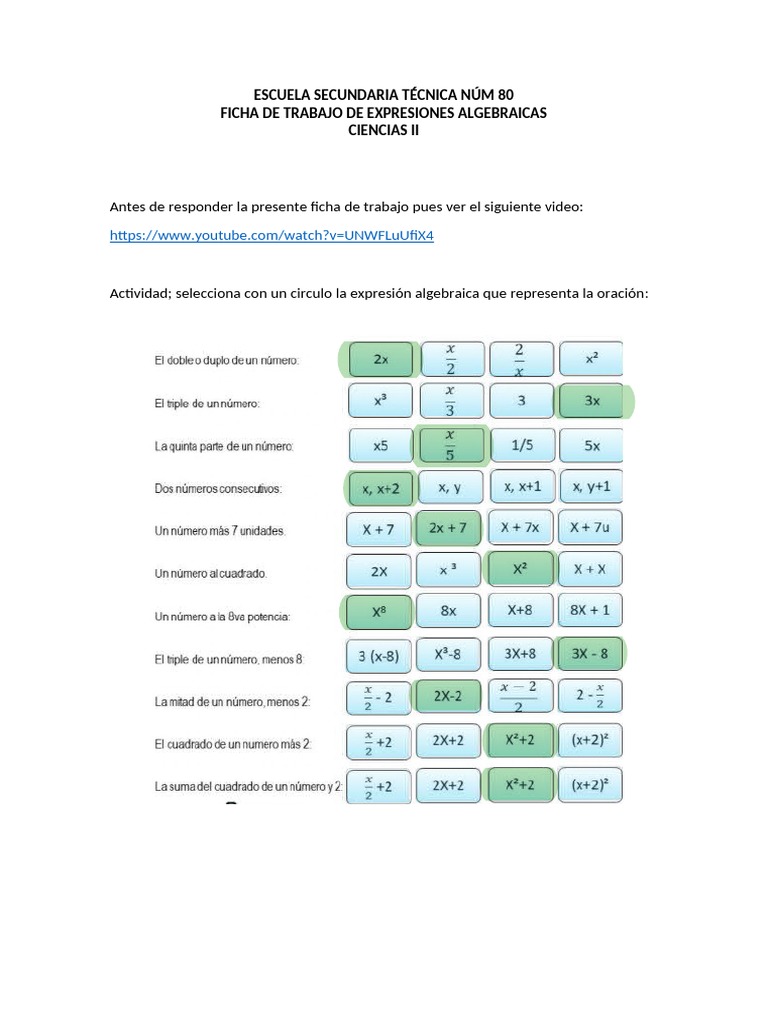 Ficha de Trabajo de Expresiones Algebraicas | PDF