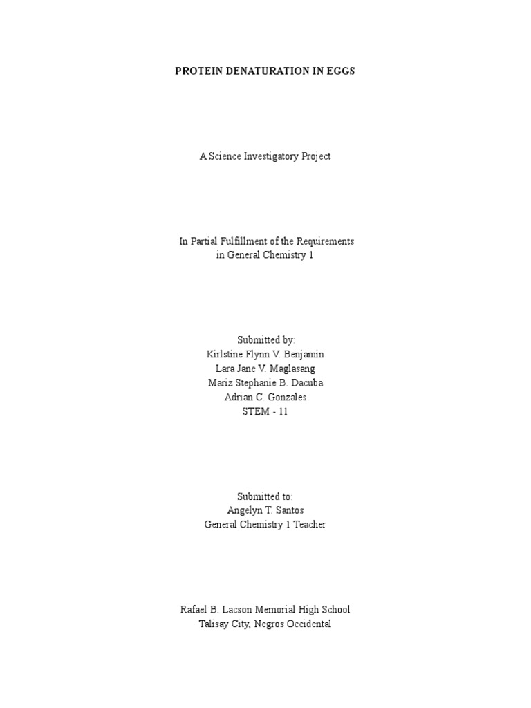 Protein Denaturation in Eggs PDF Denaturation (Biochemistry) Proteins