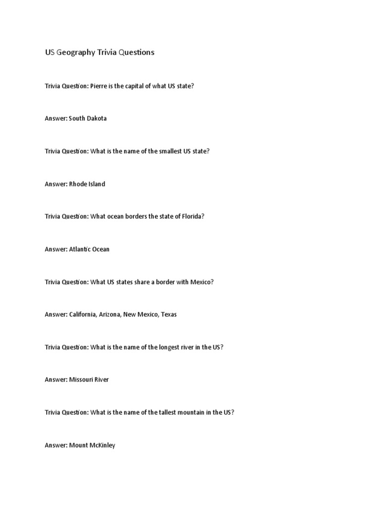 US Geography Trivia Questions PDF