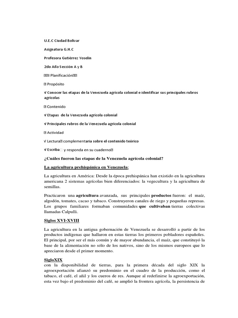 Rubros de la Agricultura Colonial en Venezuela | PDF | Agricultura ...