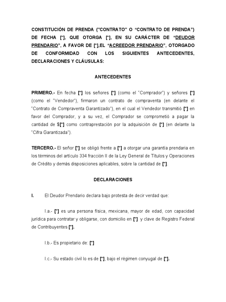 Machote de Contrato de Garantía Prendaria | PDF | Pagos | Finanzas y ...