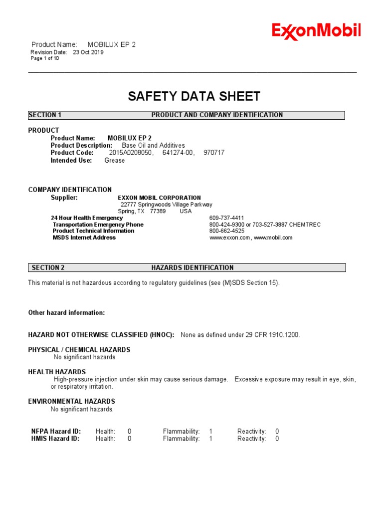 Safety Data Sheet Product Name MOBILUX EP 2 PDF Nature Chemistry
