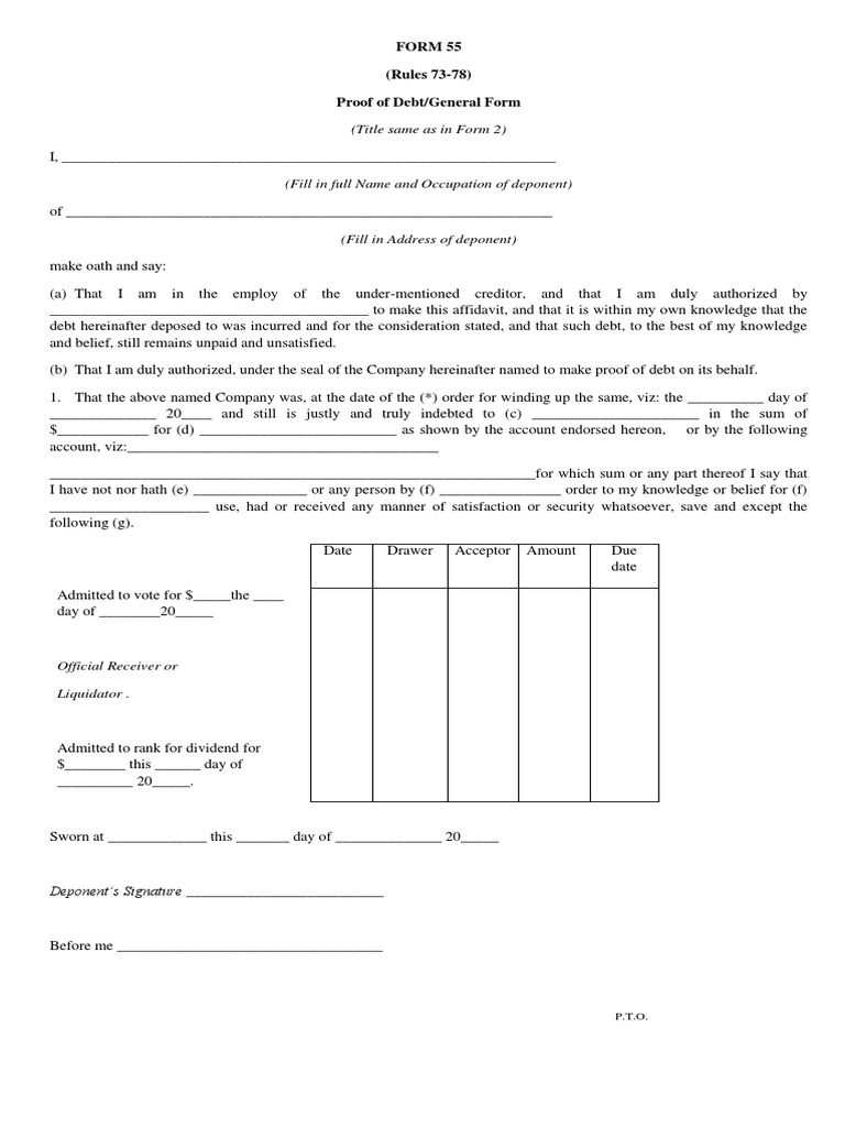 (Title Same As in Form 2) : Form 55 (Rules 73-78) Proof of Debt/General ...