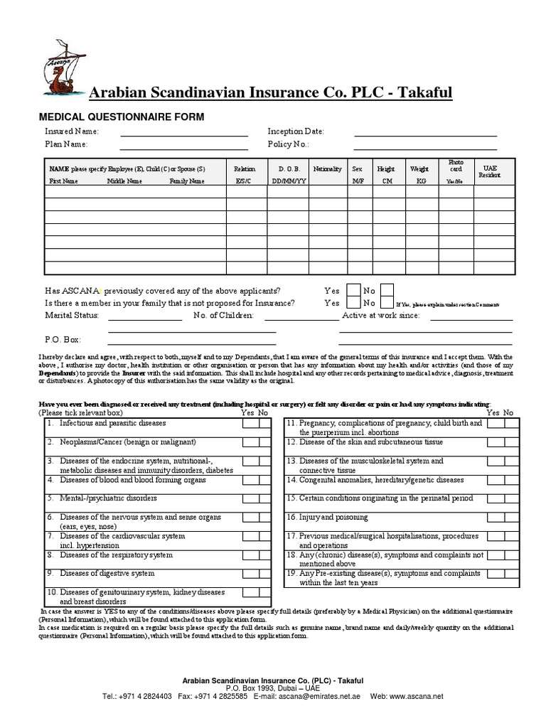 Takaful Medical Questionnaire Form | PDF | Insurance | Hypertension