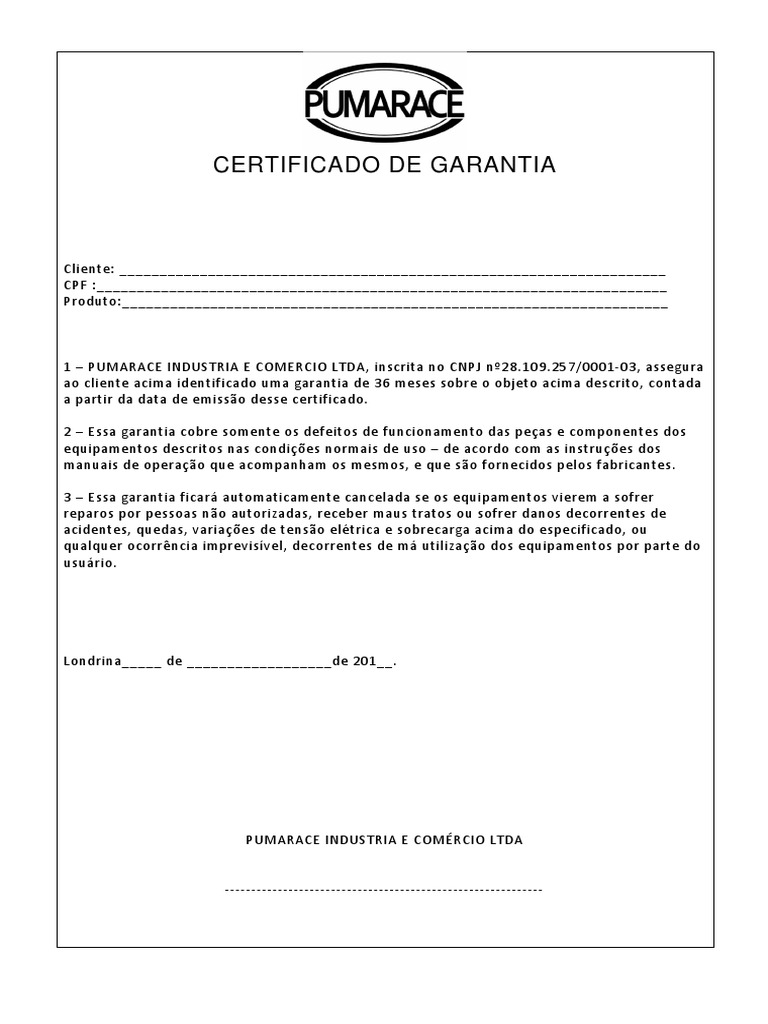 Certificado de Garantia Geral | PDF