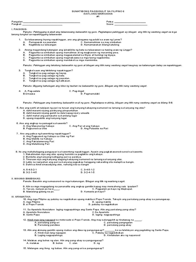 Sumatibong Pagsusulit Sa Filipino 6 Final | PDF