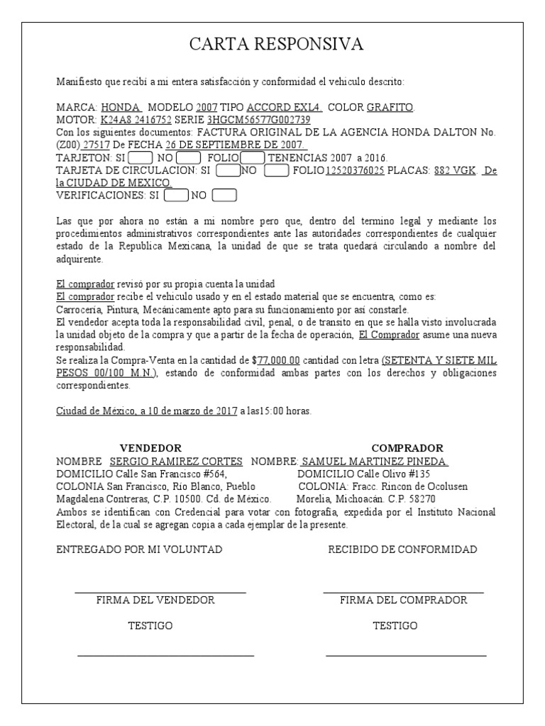 Carta Responsiva de Compra Venta Auto1 | PDF | México