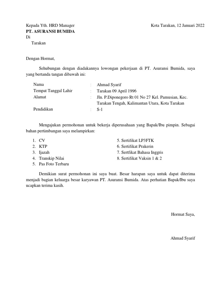 Surat Lamaran Kerja Asuransi Bumida | PDF