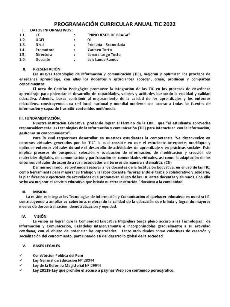 Programación Curricular TIC 2022 | PDF | Tecnología de información y ...