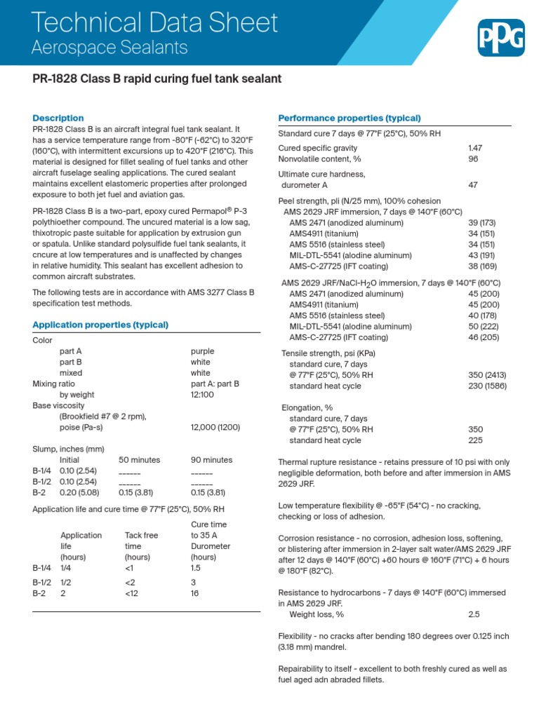 Aerospace Sealants PR1828 Class B Rapid Curing Fuel Tank Sealant