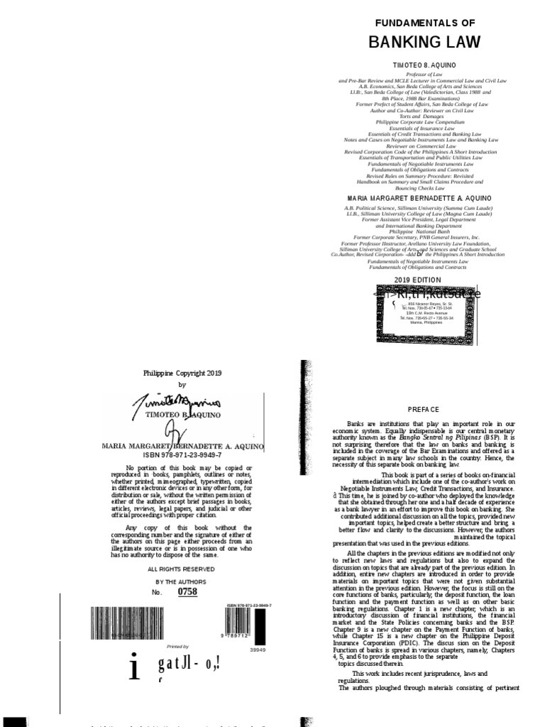 Fundamental Of Banking Law Timoteo B Aquino PDF Cheque Banks