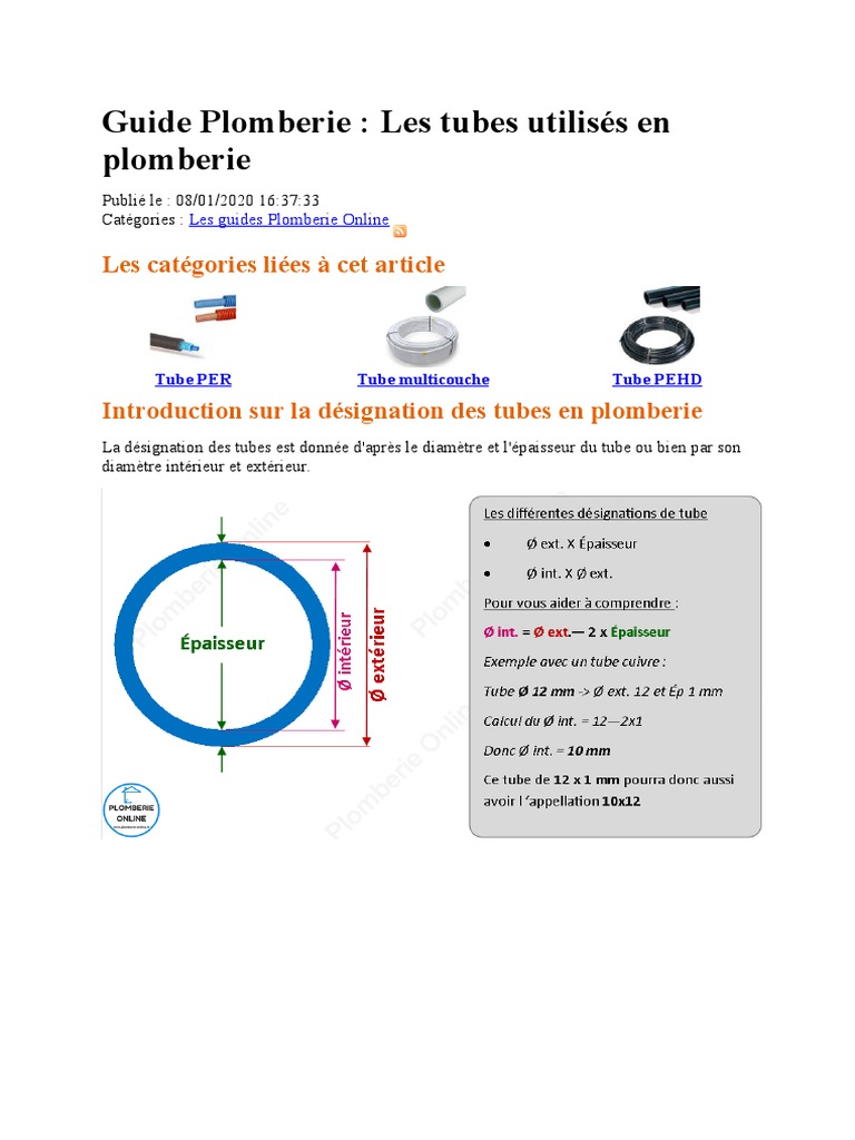Guide des diamètres des tubes en plomberie PDF Cuivre Plomberie — free download
