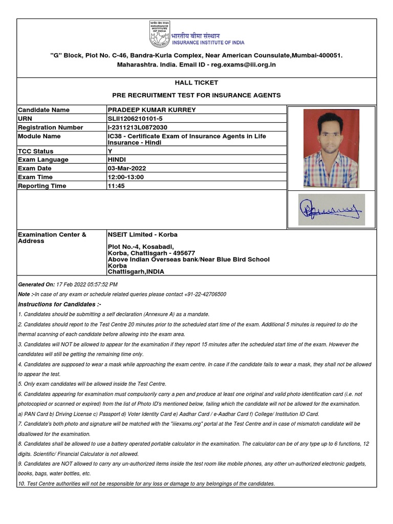 Instructions For Candidates | PDF | Identity Document | Test 