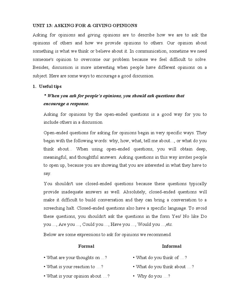 Asking and Giving Opinions | PDF | Question | Communication