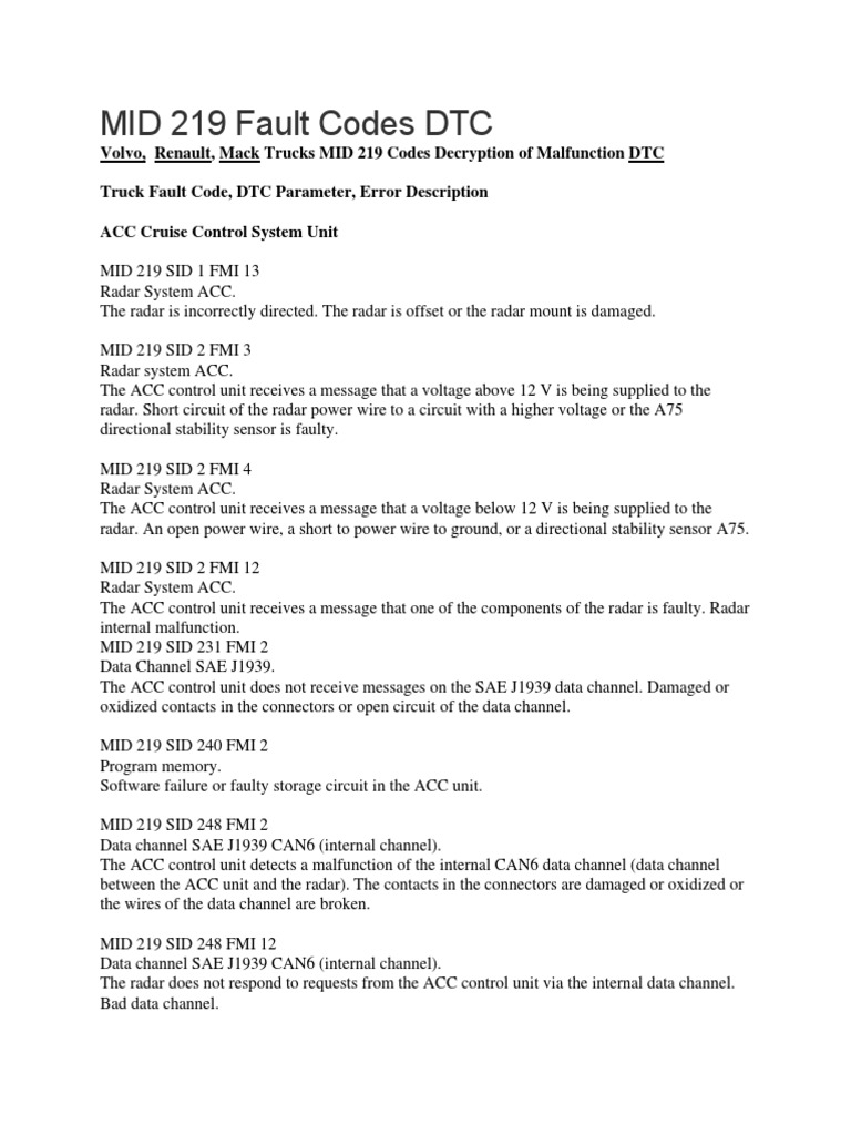 MID 219 Fault Codes DTC | PDF | Radar | Electrical Engineering