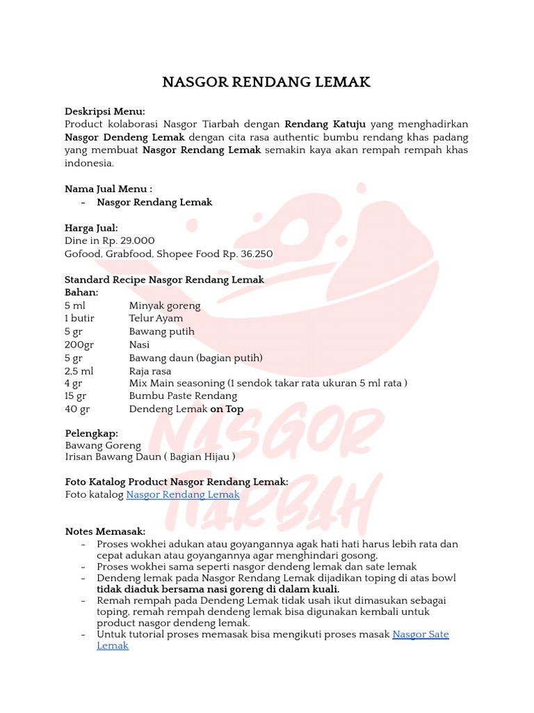 Nasgor Rendang Lemak: Resep & Harga | PDF