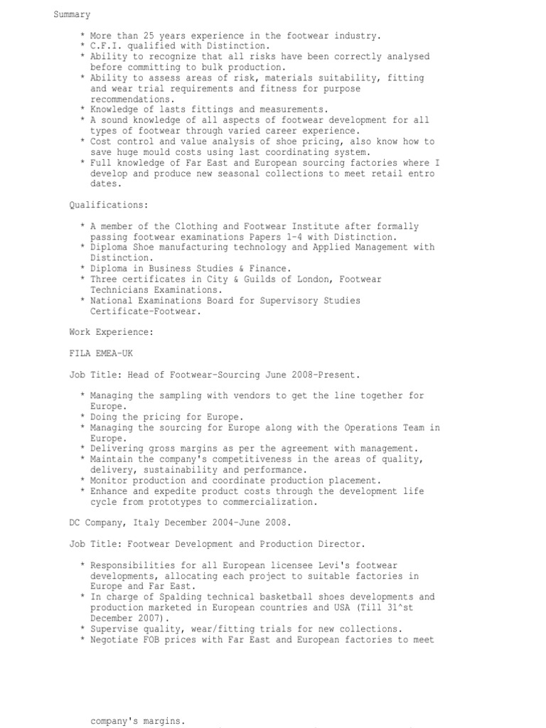 Footwear Sourcing and Development Director PDF Shoe Footwear