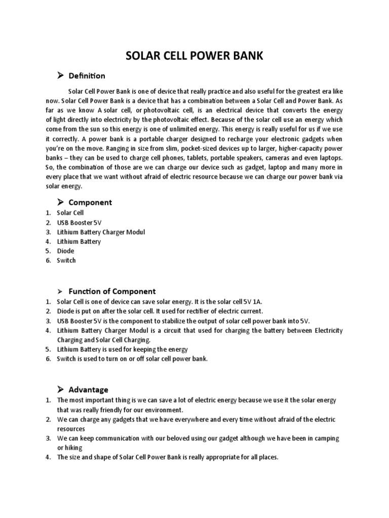Solar Cell Power Bank Overview and Benefits | PDF | Battery Charger ...