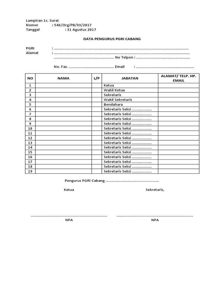Format data pengurus pgri cabang pdf
