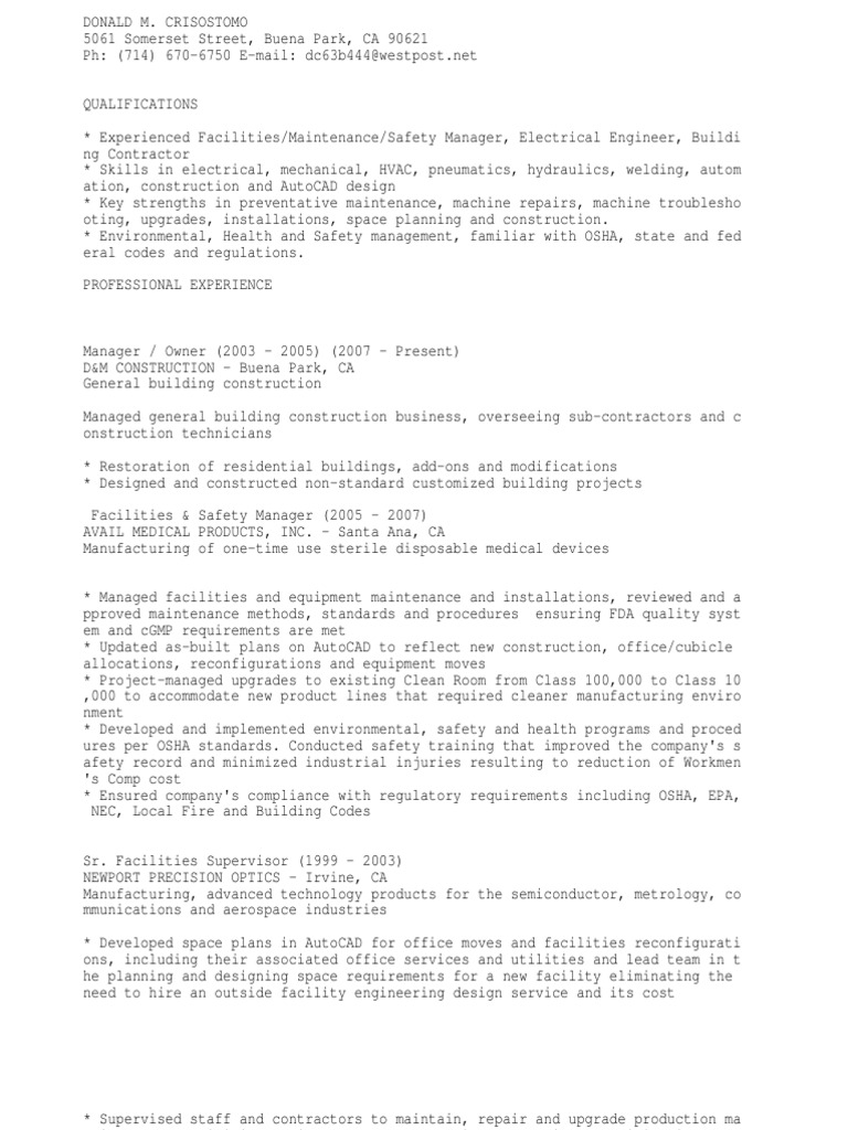 Facilities Manager Or Maintenance Manager Occupational Safety And Health Administration Safety