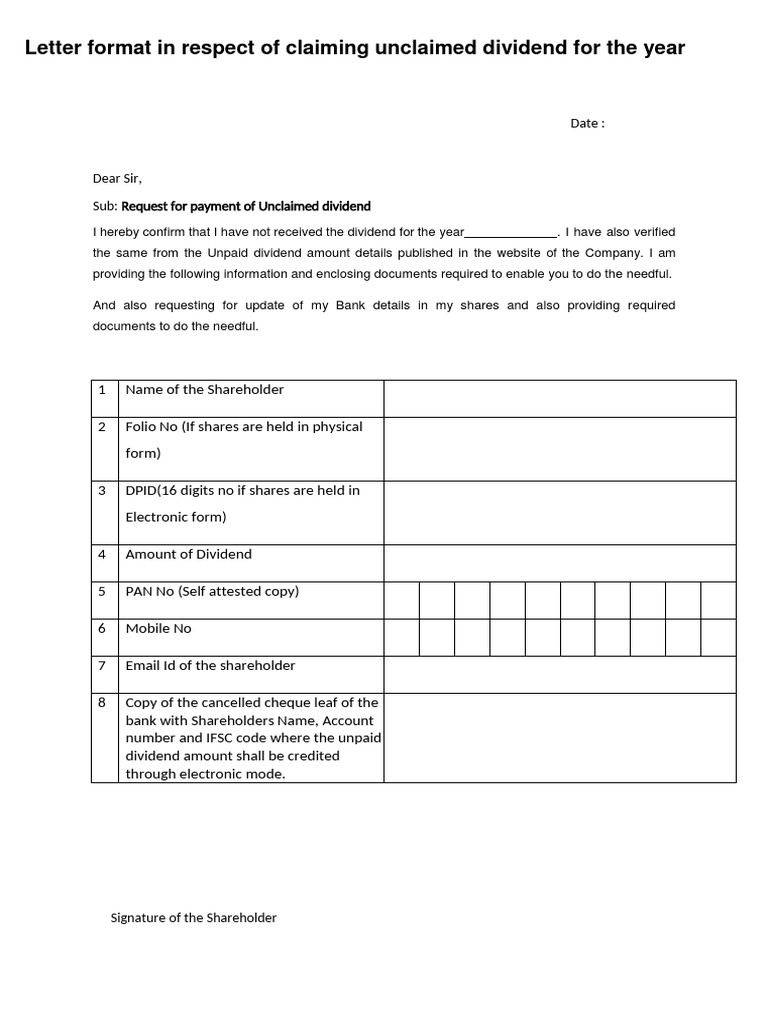 Unclaimed Dividend Payment Request Letter | PDF