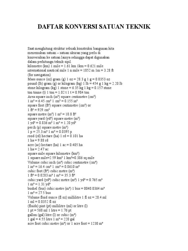 Konversi Satuan Teknik Sipil | PDF | Pascal (Unit) | Litre
