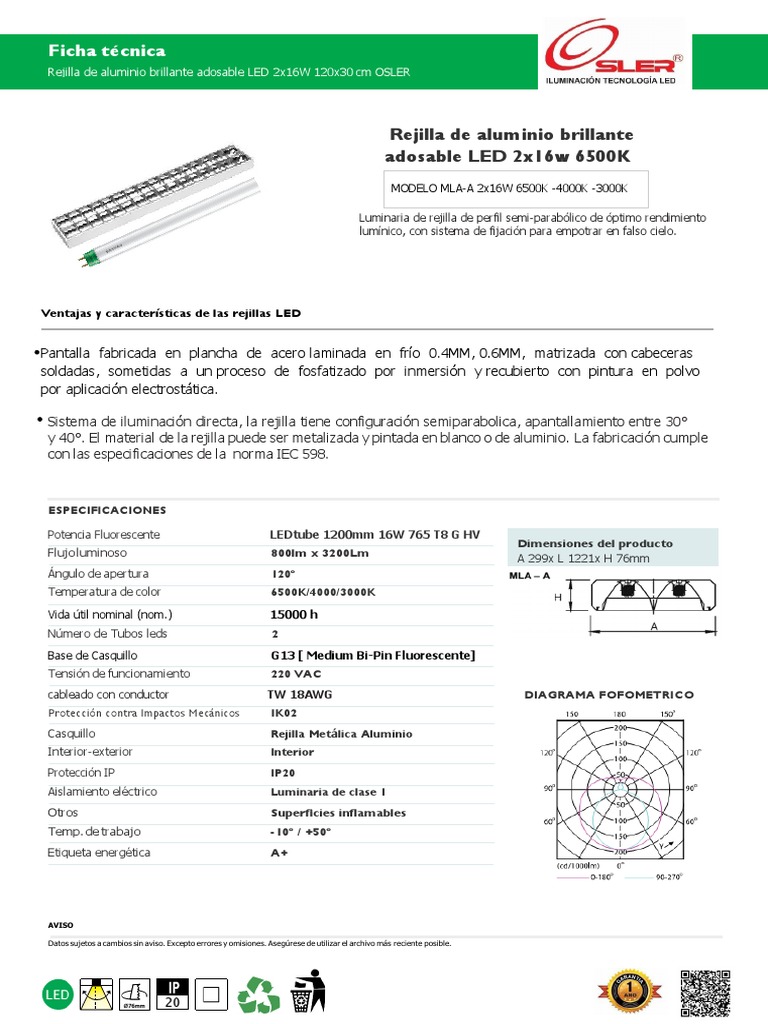 Rejilla LED Aluminio 2x16W 120x30cm | PDF | Diodo emisor de luz | Aluminio