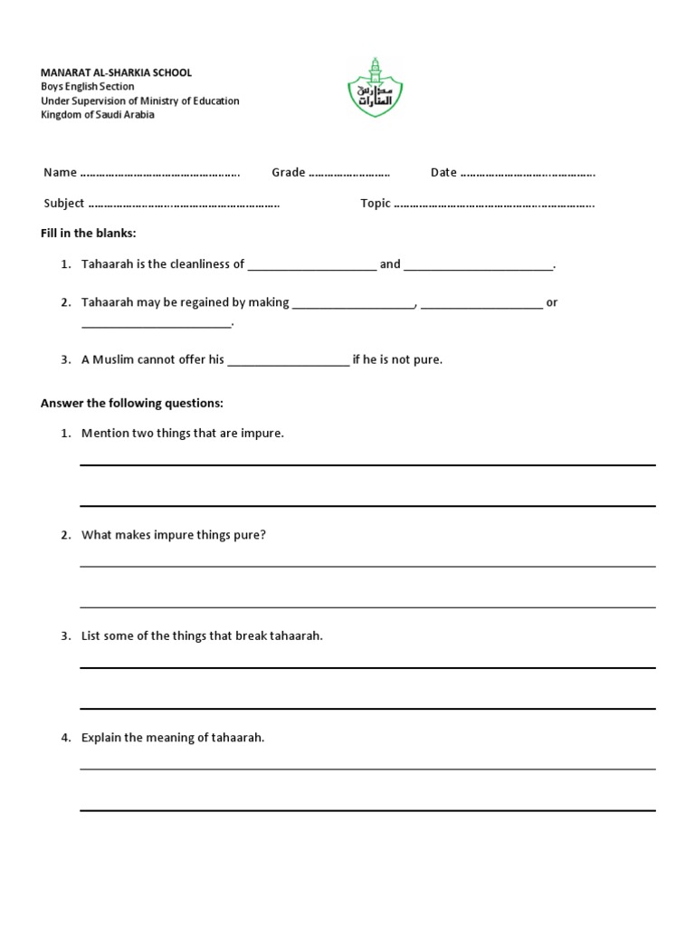 Grade 3 Tahaarah and Prophet Muhammad Worksheet | PDF | Muhammad ...