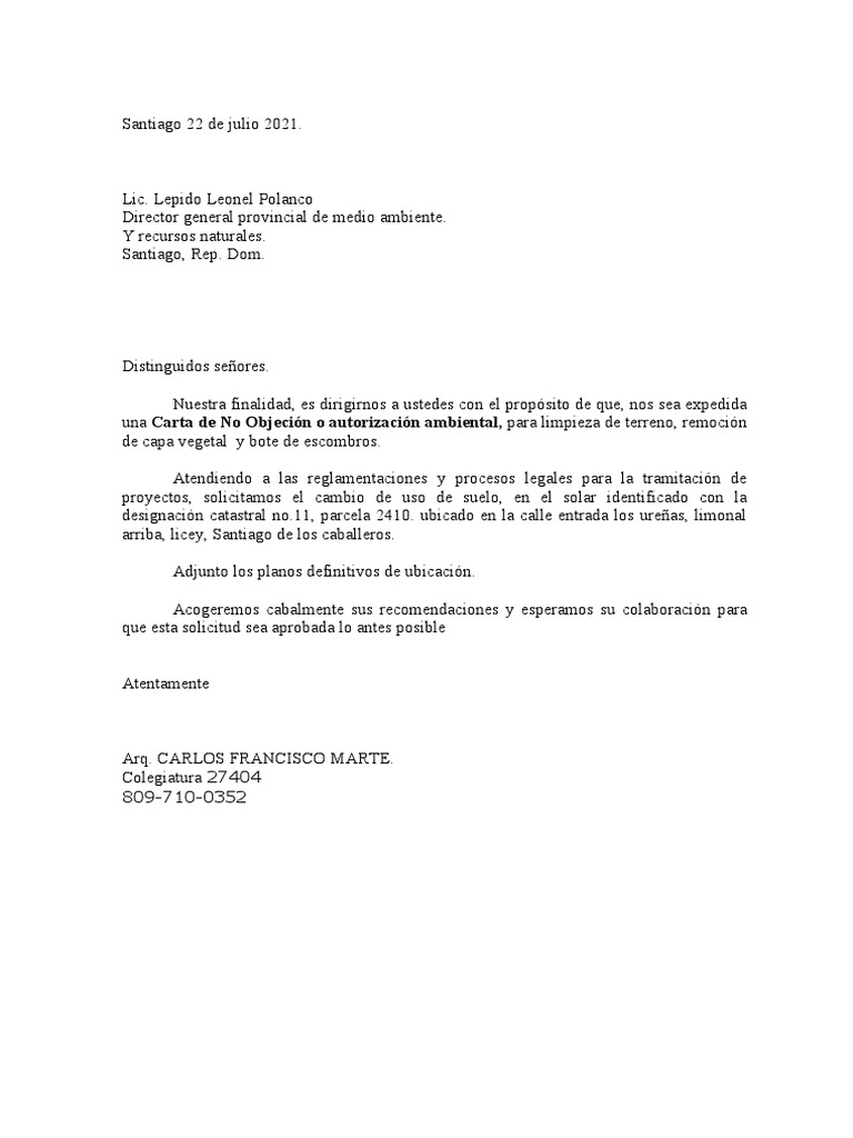 Carta de No Objecion Medio Ambiente Solar Limonal Arriba PDF