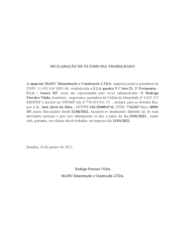 Declaração de Último Dia Trabalhado Inss - José Alves | PDF