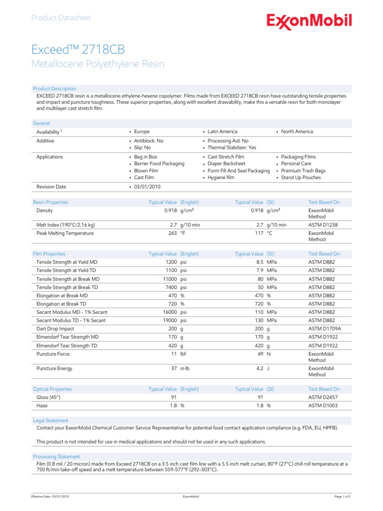 Exceed™ 2718CB: Metallocene Polyethylene Resin | PDF | Materials ...