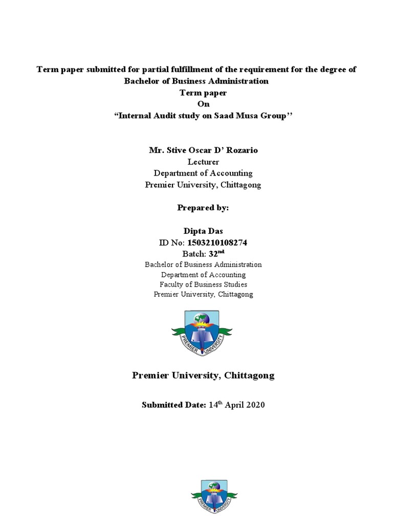 BBA Term Paper: Internal Audit Study | PDF | Cheque | Internal Control