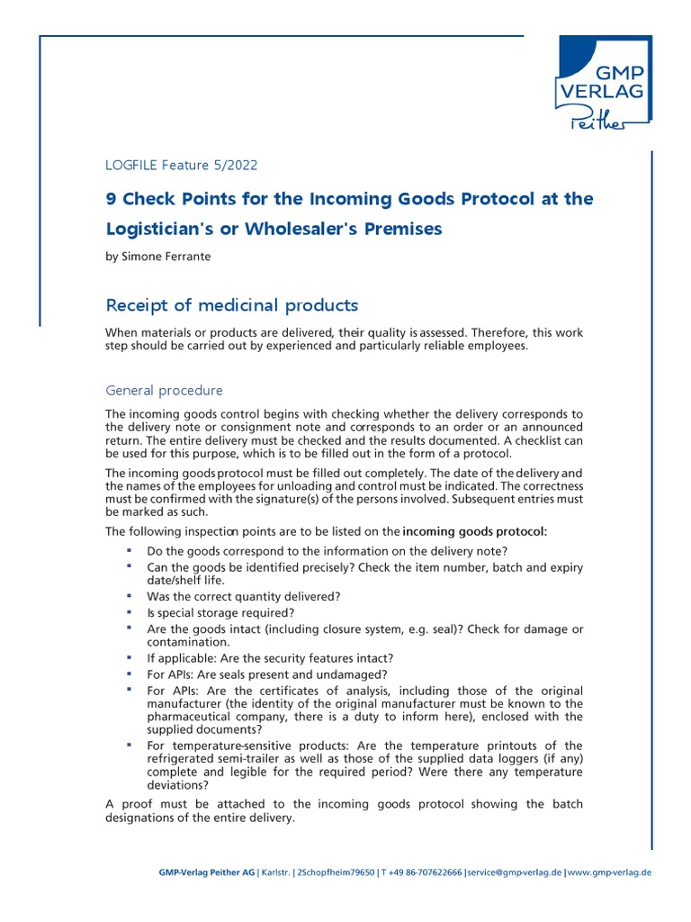9 Check Points For The Incoming Goods Protocol at The Logistician's or ...