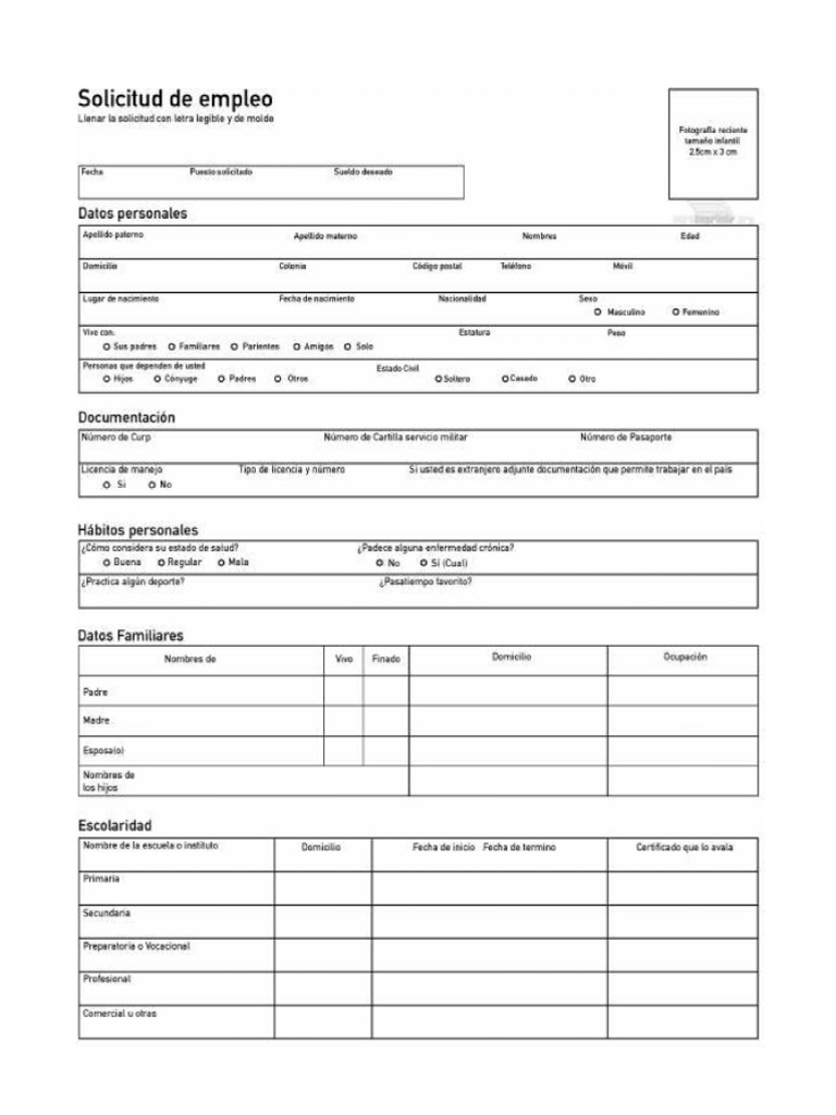 Solicitud de Empleo para Imprimir Hoja 1 | PDF