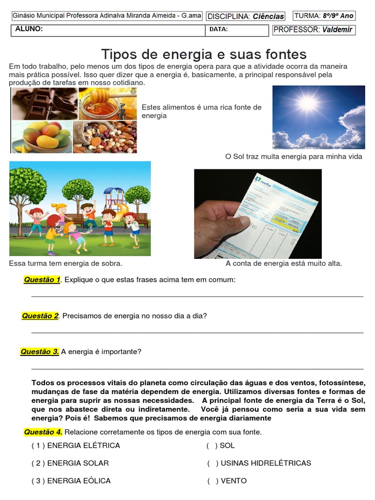 Atividades sobre Tipos e Fontes de Energia | PDF | Energia renovável ...