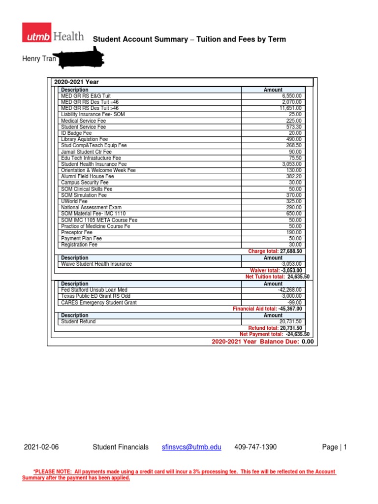 UTMB Student Account Summary 2020-2021 | PDF | Fee | Service Industries